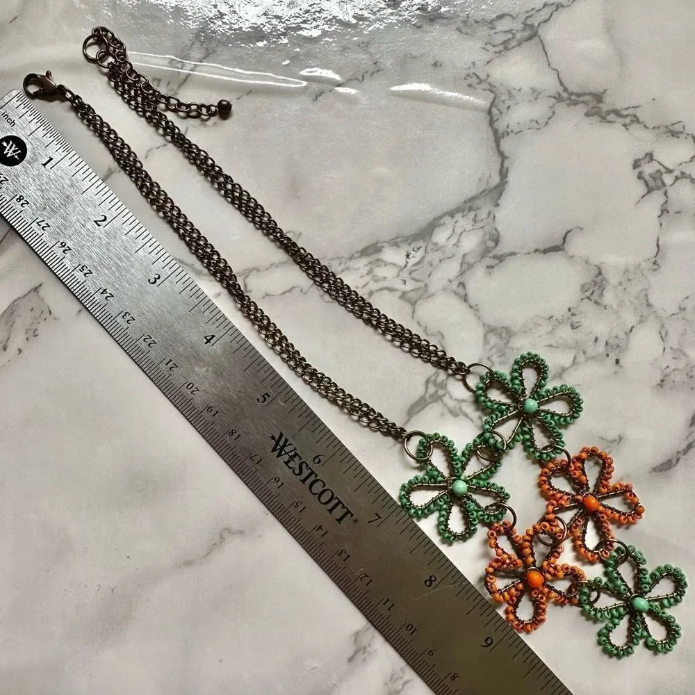 Green and orange flower beaded necklace